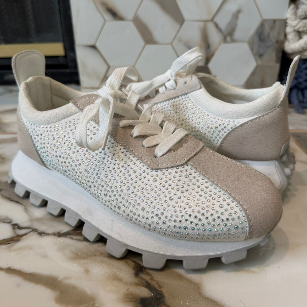 YOKI Rhinestone Sneakers Womens 40 White Beige Sparkly Chunky Platform Trainers